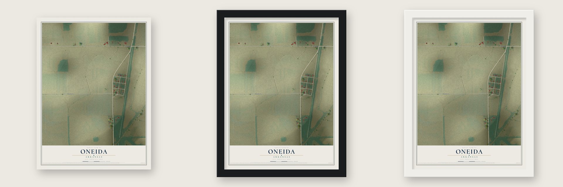 Oneida, Arkansas map unframed, in a black wood frame and in a white wood frame