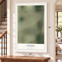 Oneida, Arkansas map, 24 x 36 inch print in a white frame by a staircase