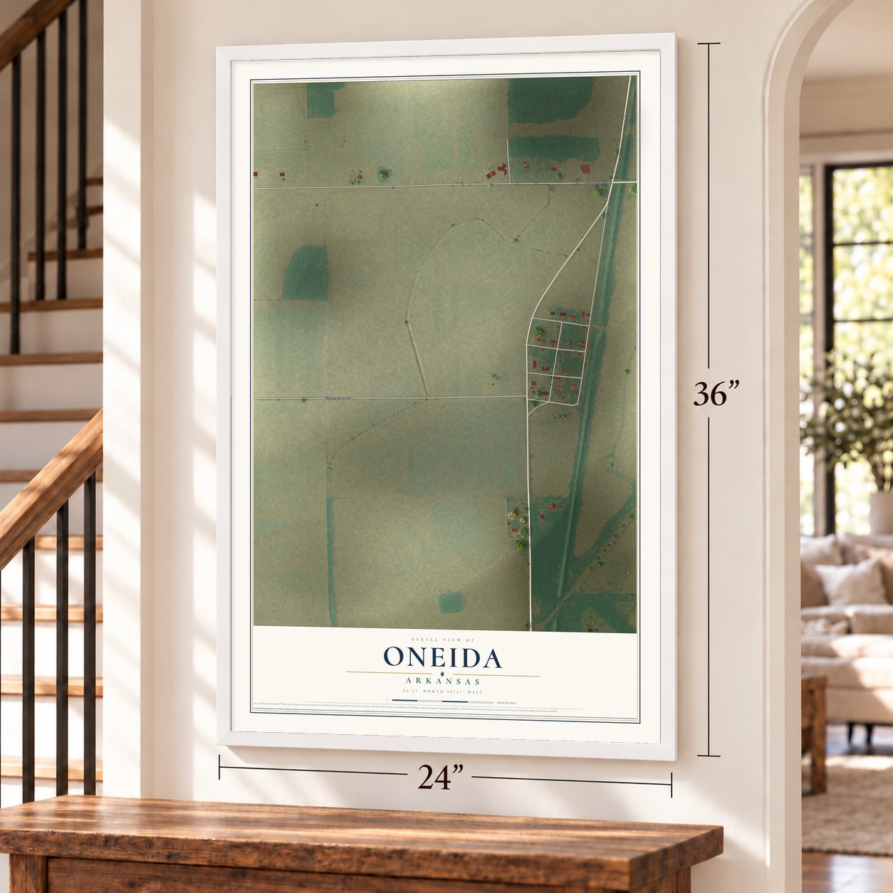 Oneida, Arkansas map, 24 x 36 inch print in a white frame by a staircase