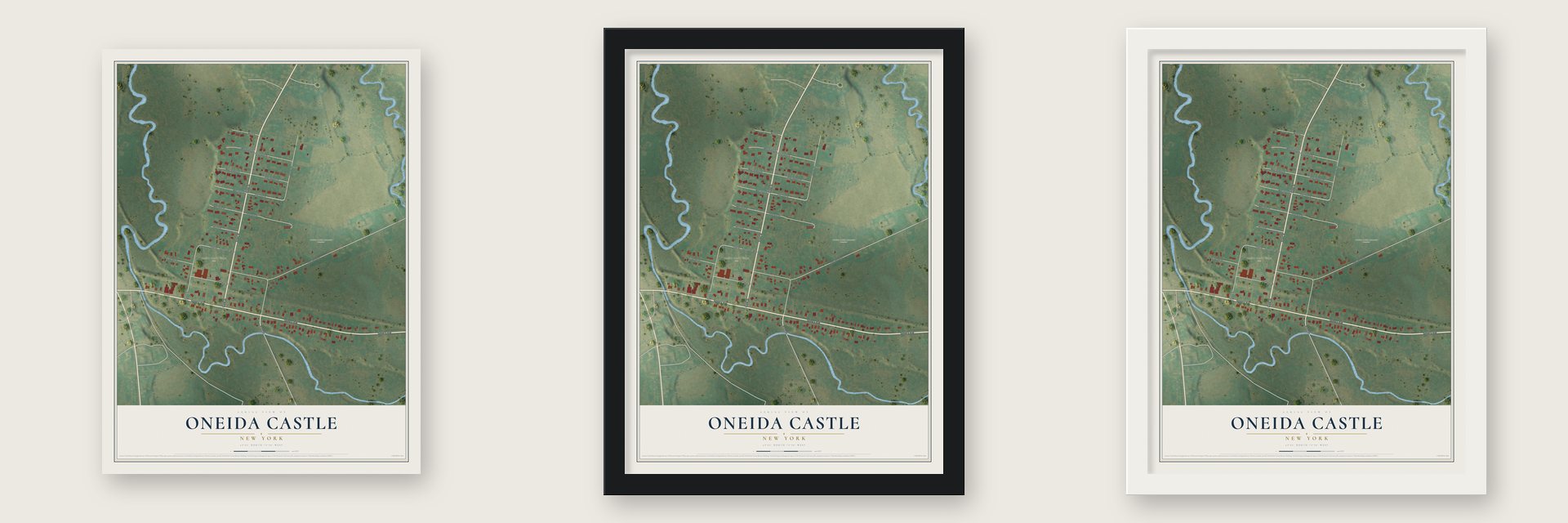 Oneida Castle, New York map unframed, in a black wood frame and in a white wood frame