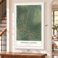 Oneida Castle, New York map, 24 x 36 inch print in a white frame by a staircase