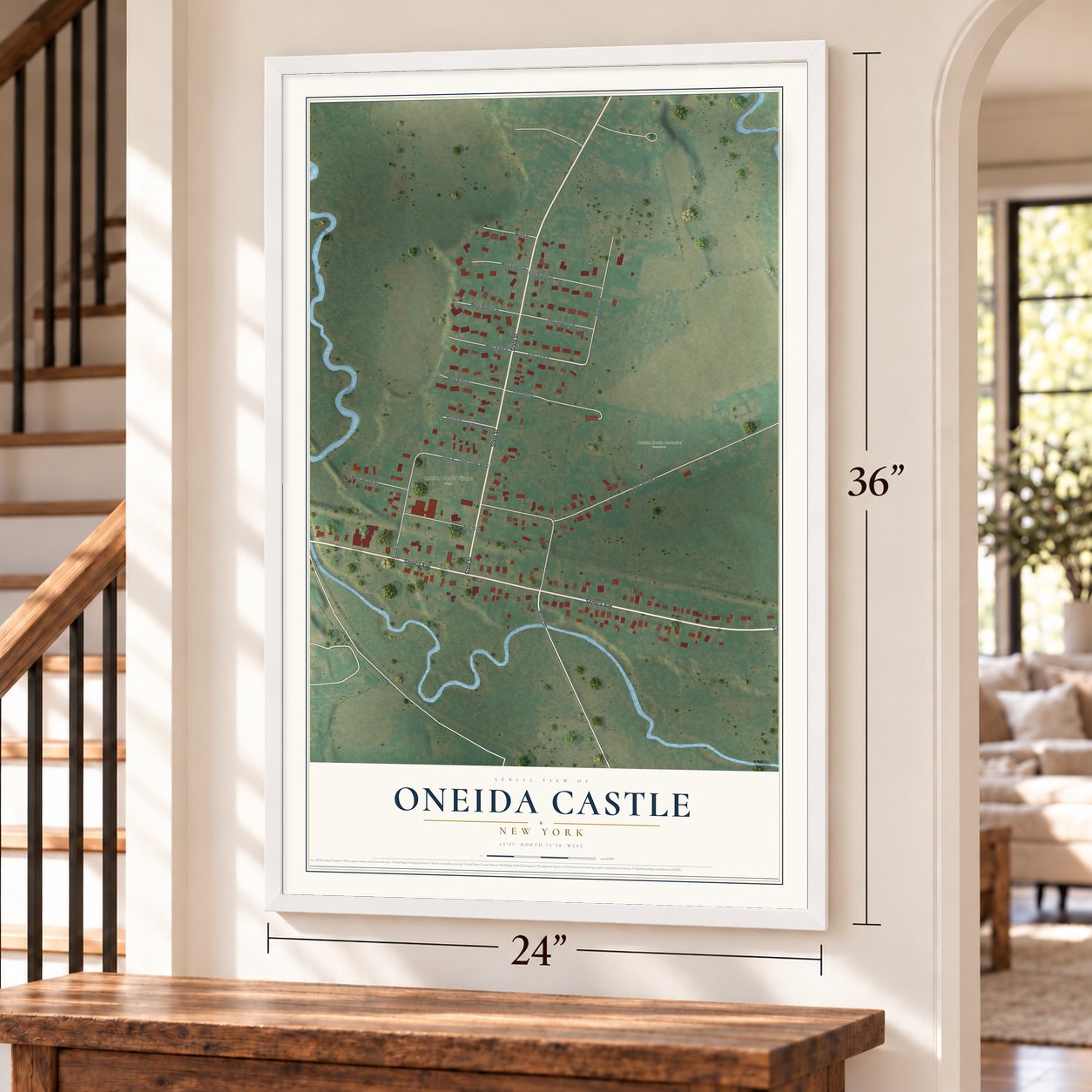 Oneida Castle, New York map, 24 x 36 inch print in a white frame by a staircase
