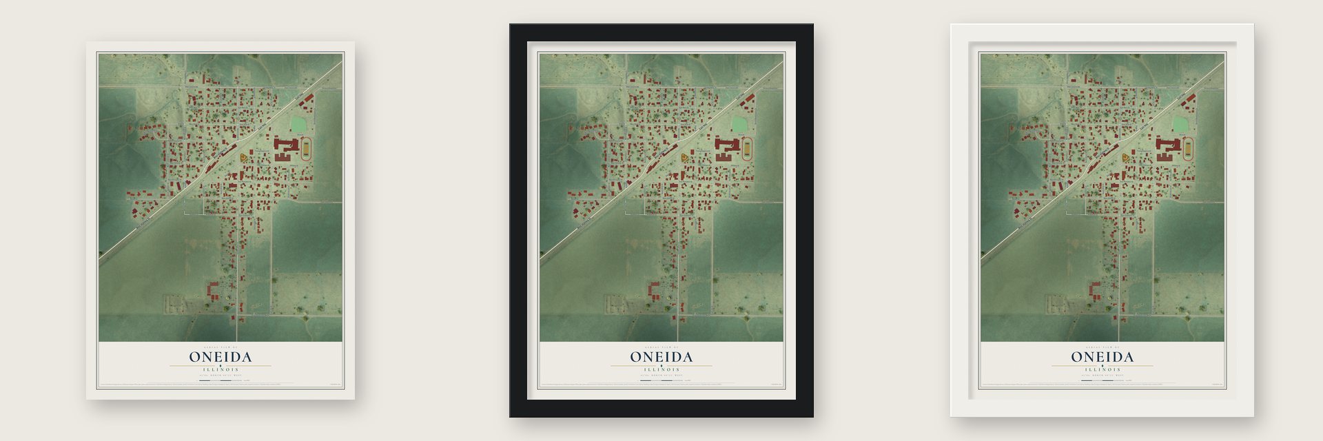 Oneida, Illinois map unframed, in a black wood frame and in a white wood frame