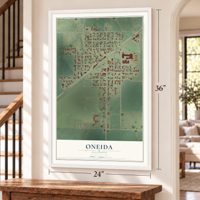 Oneida, Illinois map, 24 x 36 inch print in a white frame by a staircase