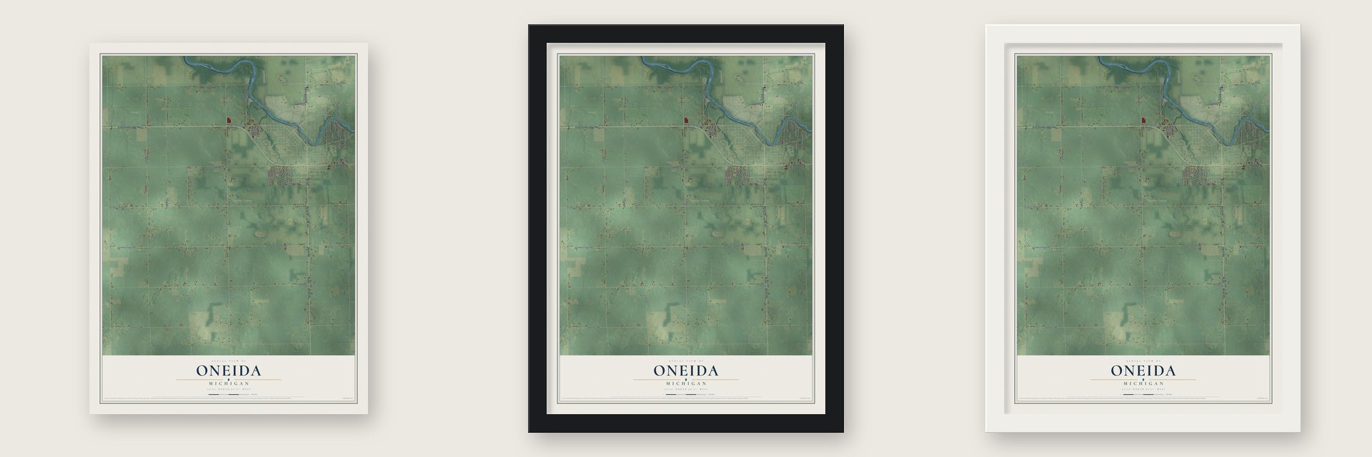 Oneida, Michigan map unframed, in a black wood frame and in a white wood frame