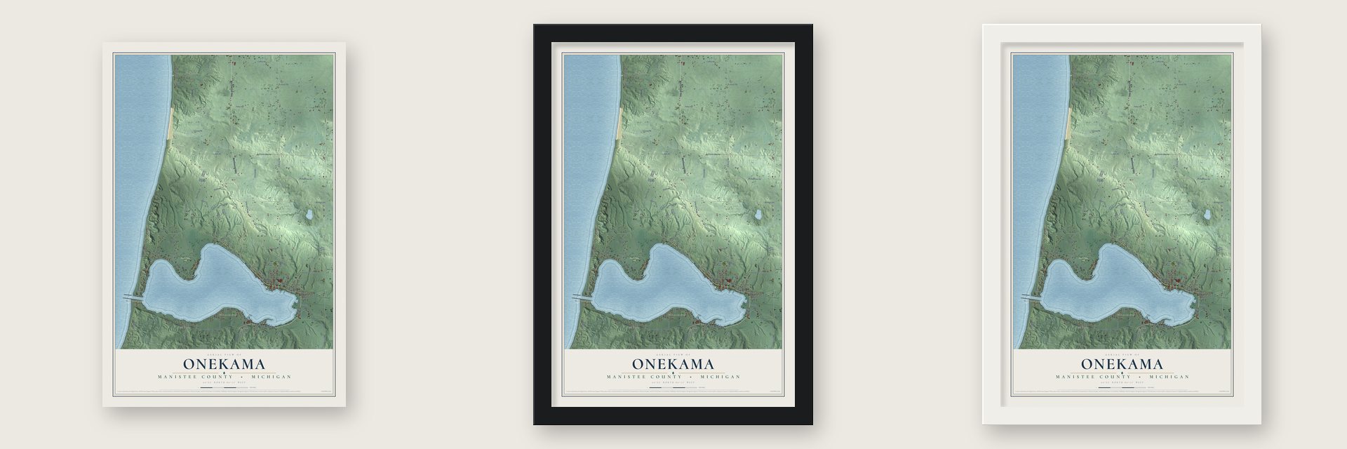 Onekama, Manistee County, Michigan map unframed, in a black wood frame and in a white wood frame