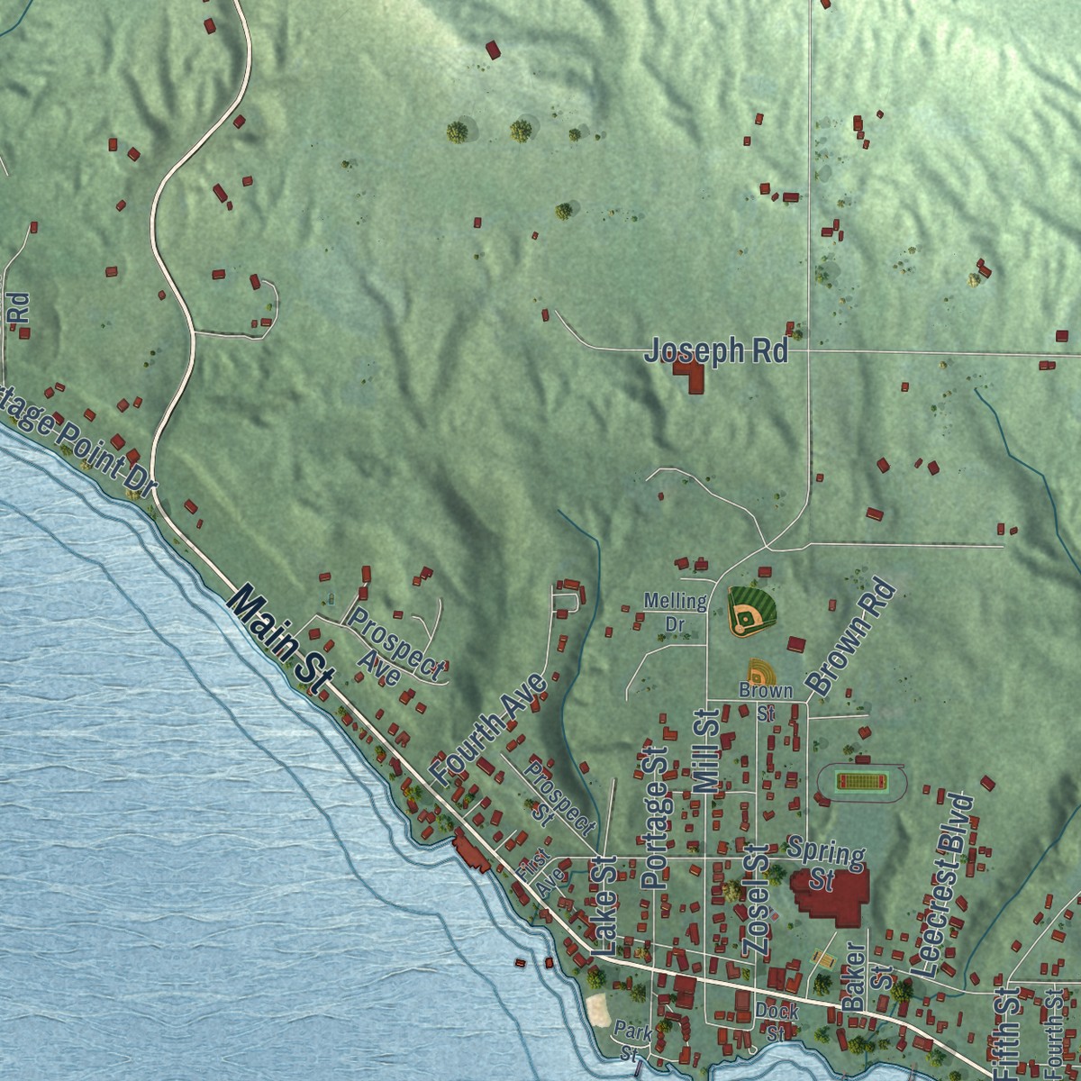Second close-up of the map of Onekama, Manistee County, Michigan print showing more streets and buildings