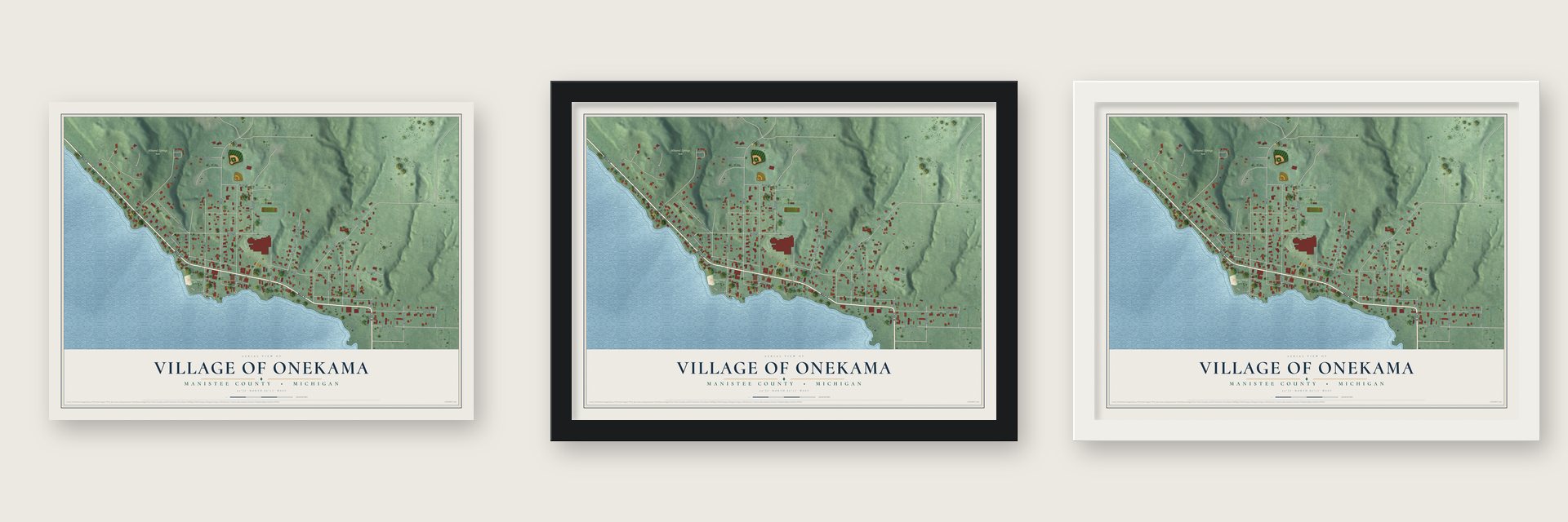 Onekama, Michigan map unframed, in a black wood frame and in a white wood frame
