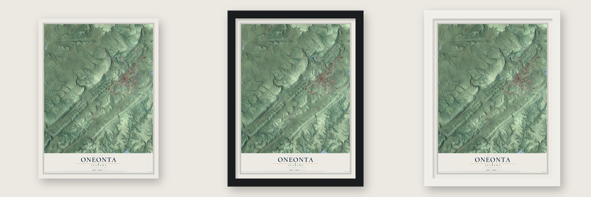 Oneonta, Alabama map unframed, in a black wood frame and in a white wood frame