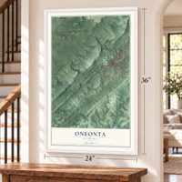 Oneonta, Alabama map, 24 x 36 inch print in a white frame by a staircase