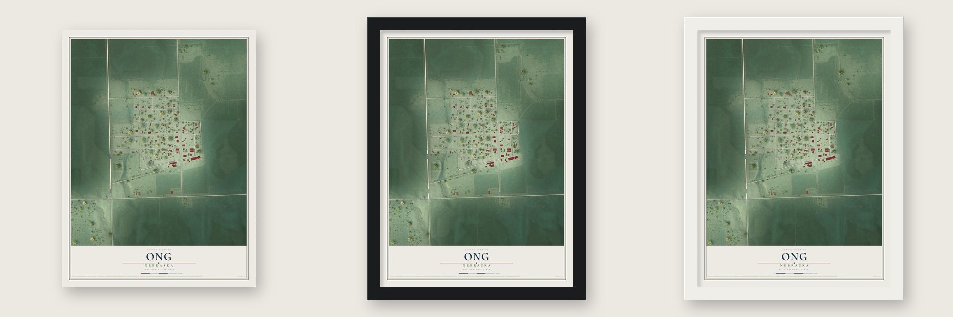 Ong, Nebraska map unframed, in a black wood frame and in a white wood frame