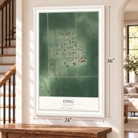 Ong, Nebraska map, 24 x 36 inch print in a white frame by a staircase