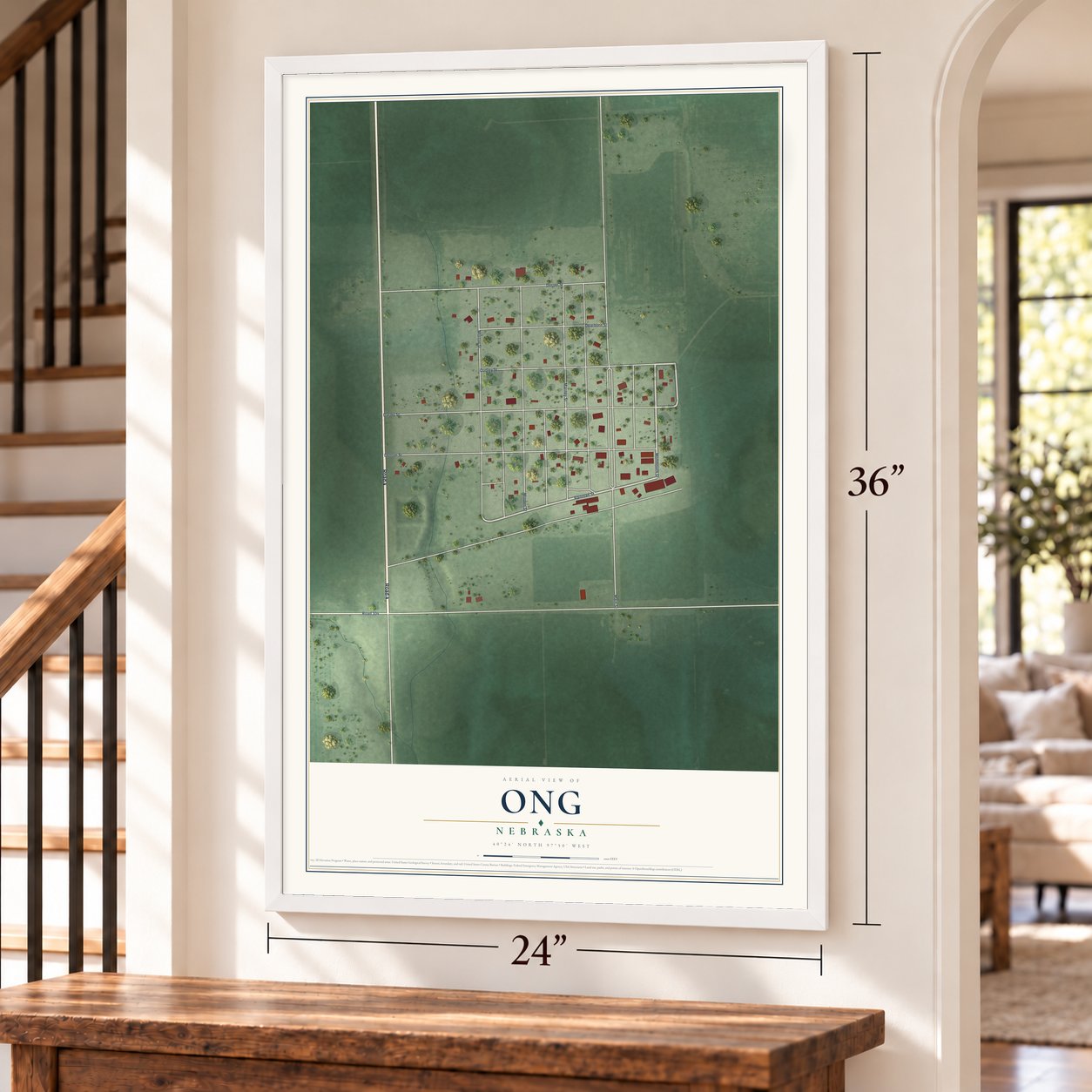 Ong, Nebraska map, 24 x 36 inch print in a white frame by a staircase
