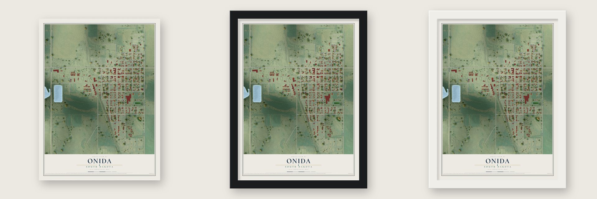 Onida, South Dakota map unframed, in a black wood frame and in a white wood frame