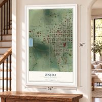 Onida, South Dakota map, 24 x 36 inch print in a white frame by a staircase