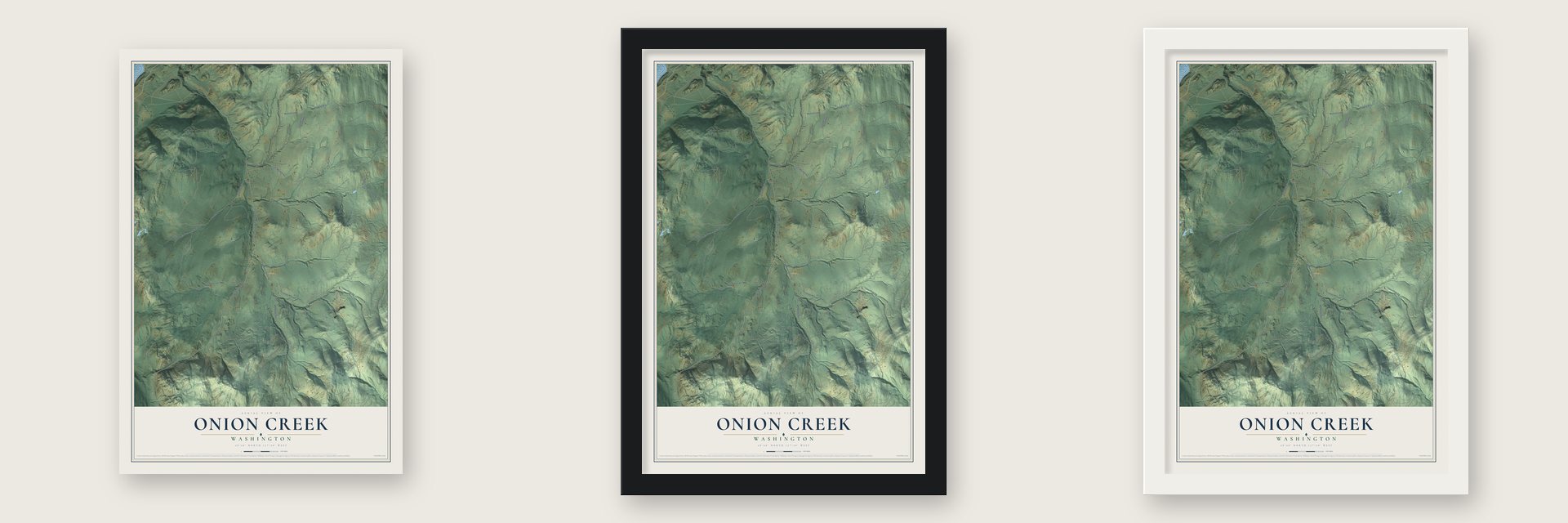 Onion Creek, Washington map unframed, in a black wood frame and in a white wood frame