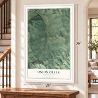 Onion Creek, Washington map, 24 x 36 inch print in a white frame by a staircase
