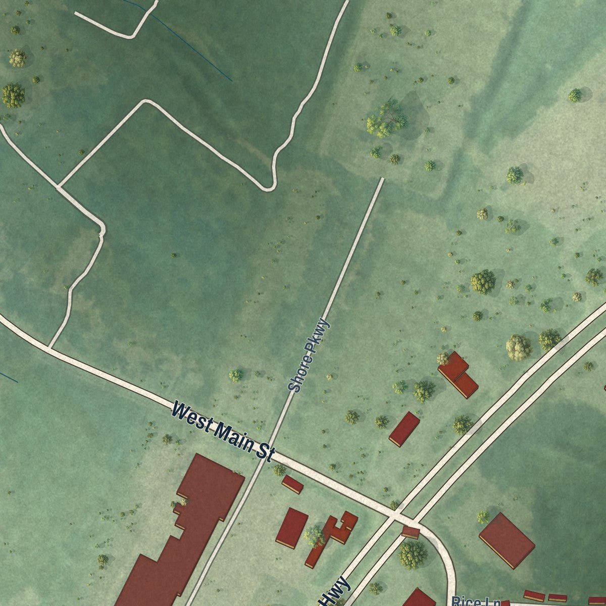 Second close-up of the map of Onley, Virginia print showing more streets and buildings