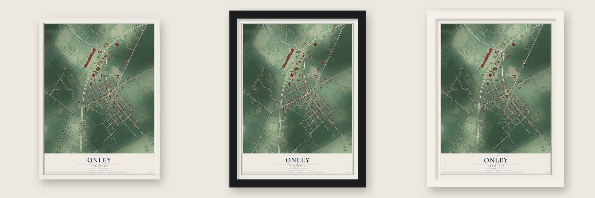 Onley, Virginia map unframed, in a black wood frame and in a white wood frame