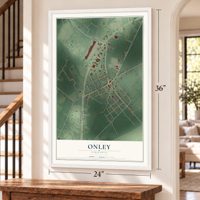 Onley, Virginia map, 24 x 36 inch print in a white frame by a staircase