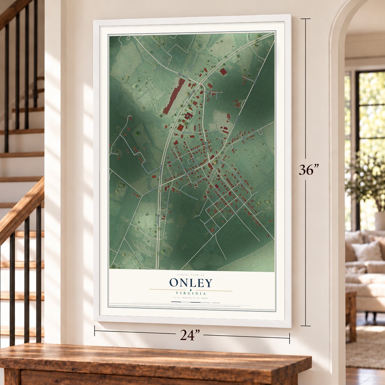 Onley, Virginia map, 24 x 36 inch print in a white frame by a staircase