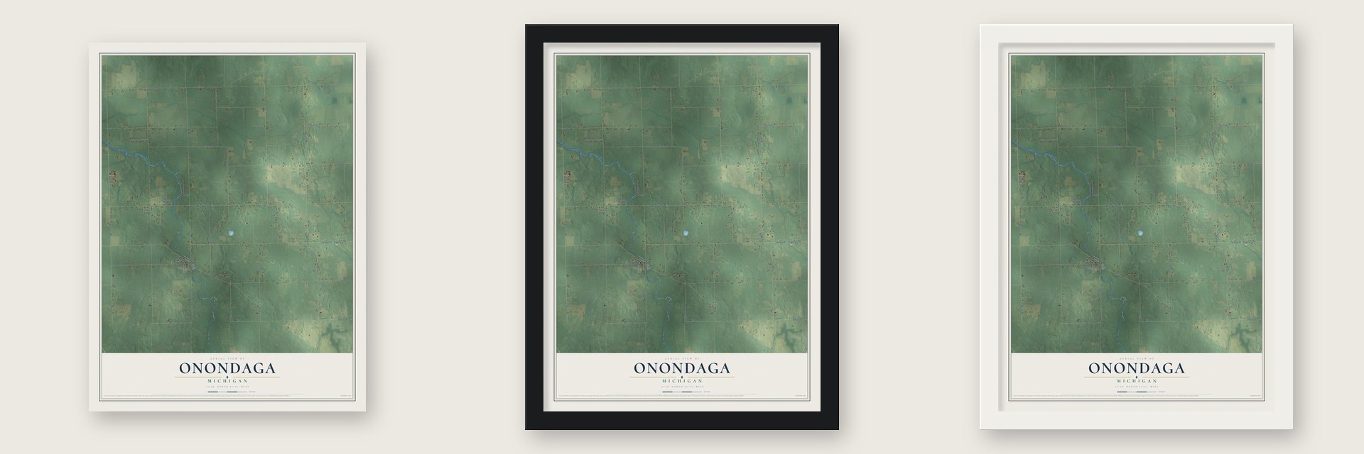 Onondaga, Michigan map unframed, in a black wood frame and in a white wood frame