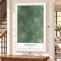 Onondaga, Michigan map, 24 x 36 inch print in a white frame by a staircase