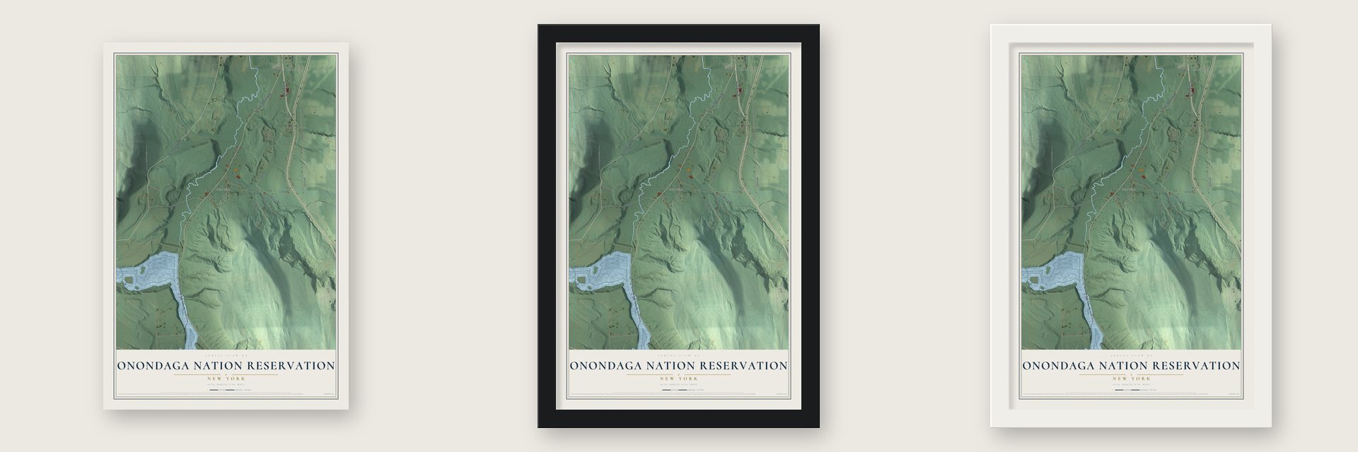 Onondaga Nation Reservation, New York map unframed, in a black wood frame and in a white wood frame