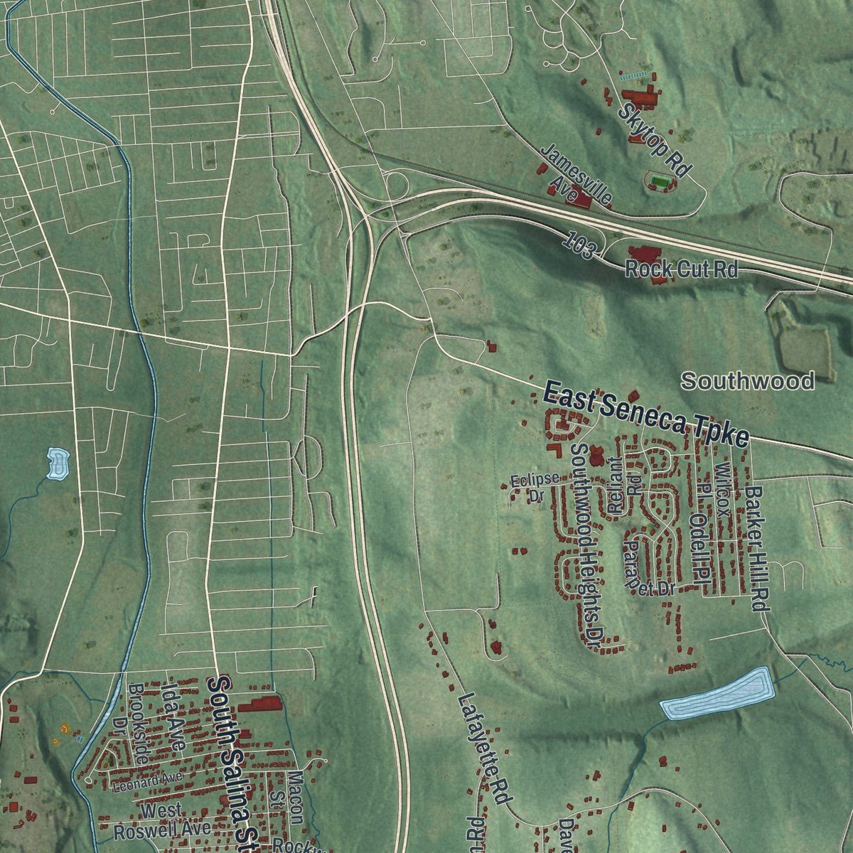 Second close-up of the map of Onondaga, New York print showing more streets and buildings