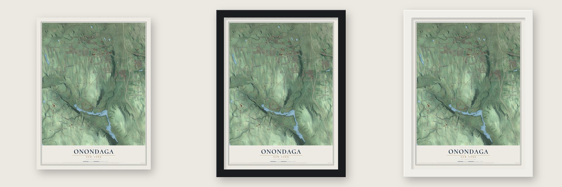 Onondaga, New York map unframed, in a black wood frame and in a white wood frame