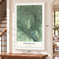 Onondaga, New York map, 24 x 36 inch print in a white frame by a staircase