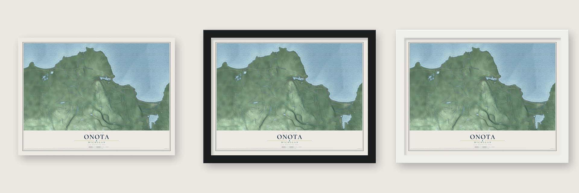 Onota, Michigan map unframed, in a black wood frame and in a white wood frame