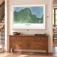Onota, Michigan map, 24 x 36 inch print in a white frame above a dresser by a staircase