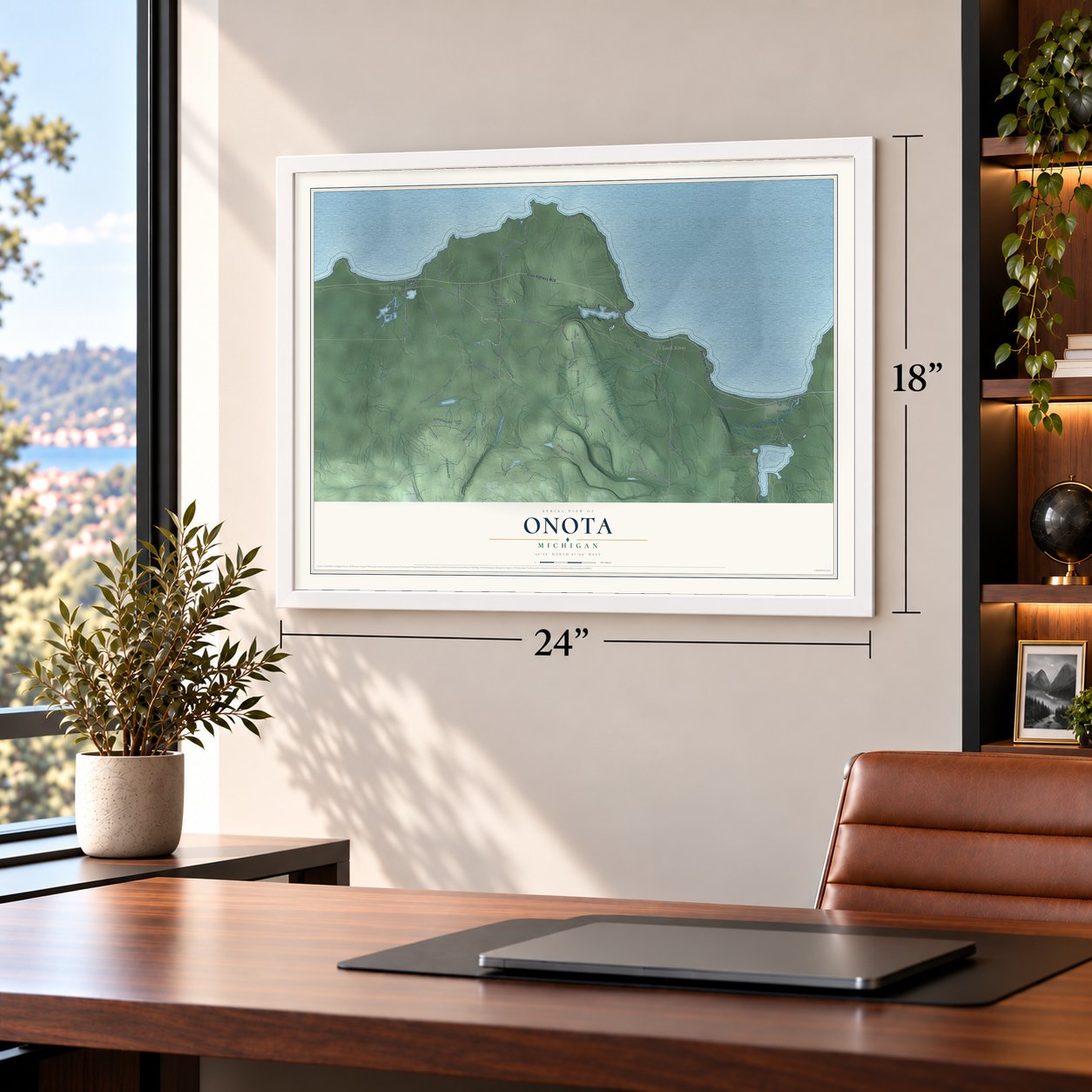 Onota, Michigan map, 18 x 24 inch print in a white frame in a home office