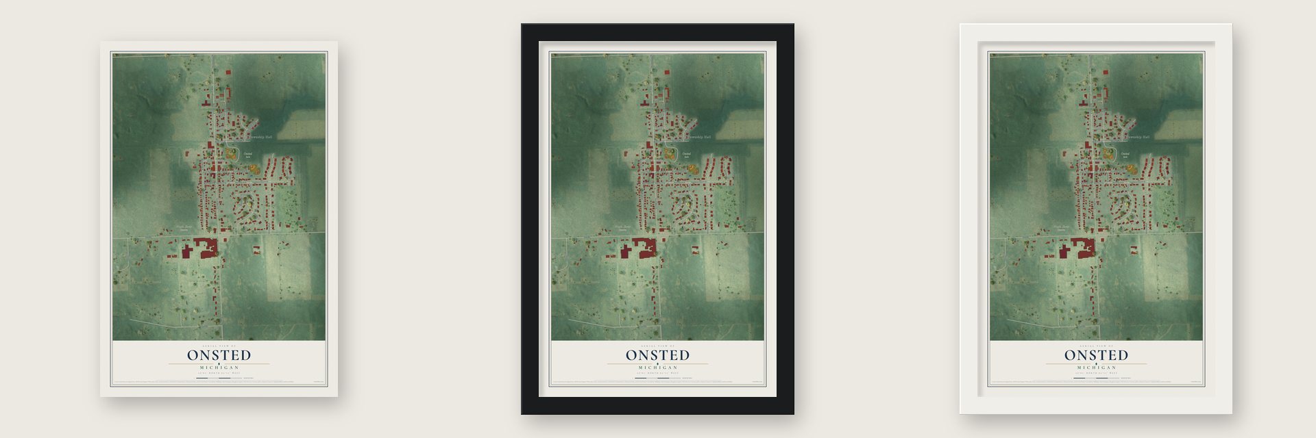 Onsted, Michigan map unframed, in a black wood frame and in a white wood frame