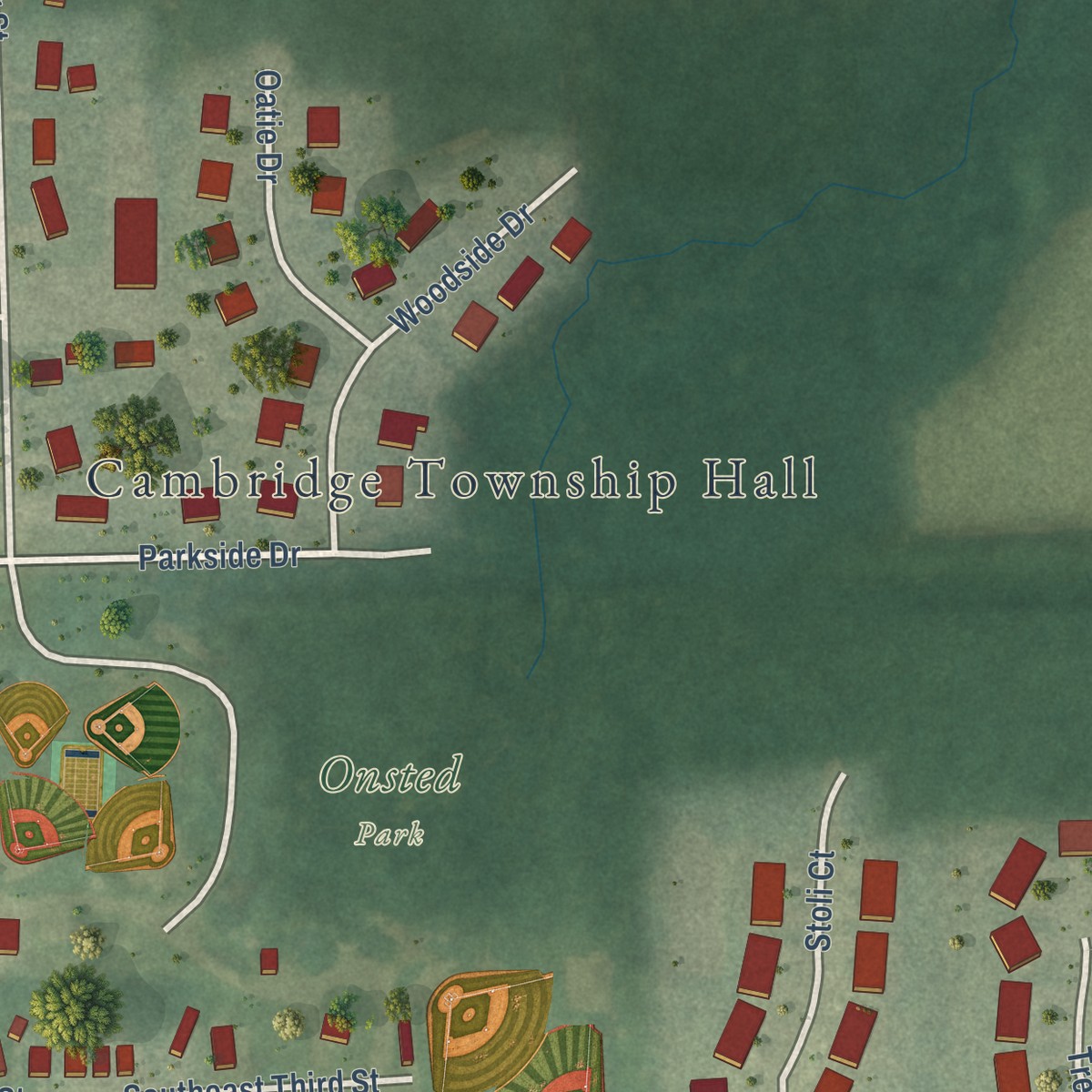 Second close-up of the map of Onsted, Michigan print showing more streets and buildings