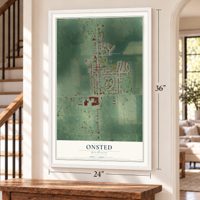 Onsted, Michigan map, 24 x 36 inch print in a white frame by a staircase
