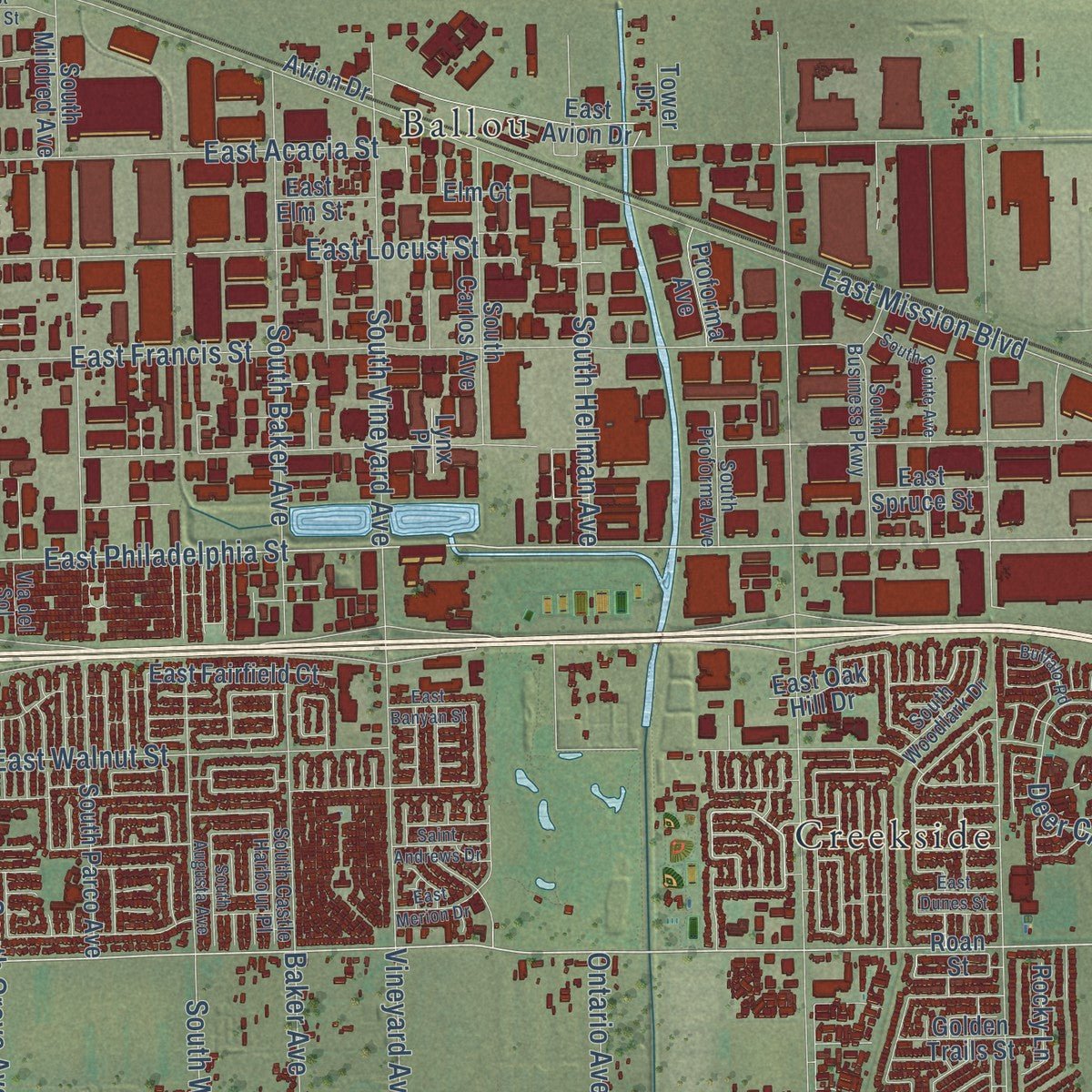 Second close-up of the map of Ontario, California print showing more streets and buildings