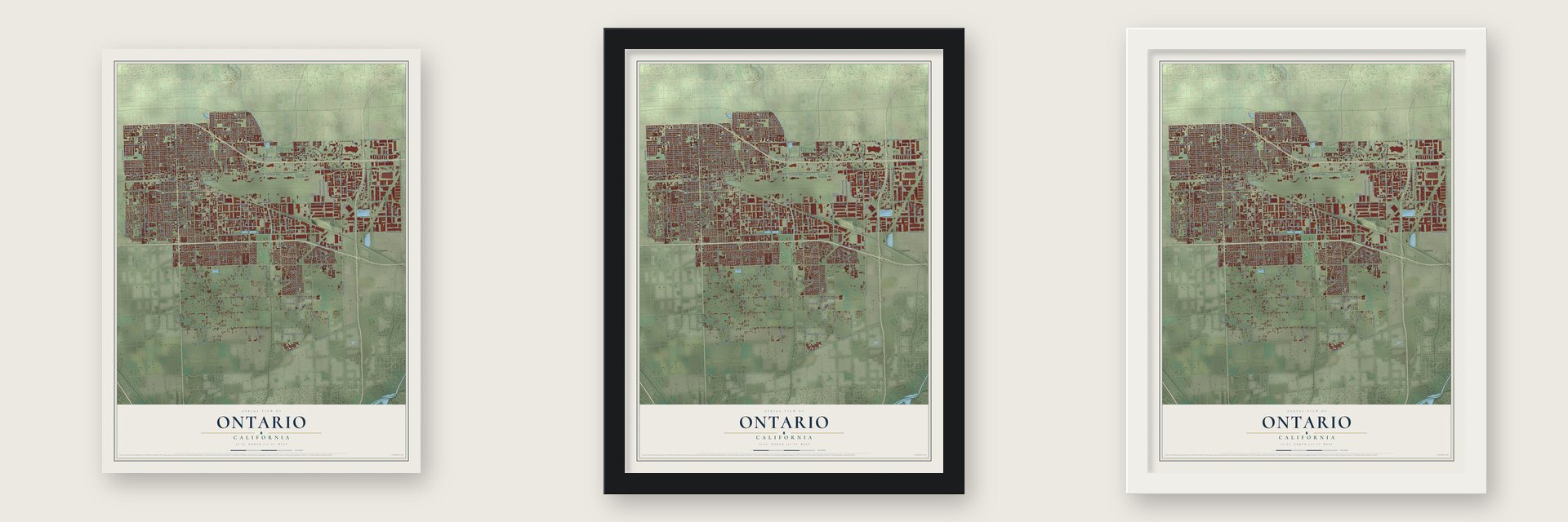 Ontario, California map unframed, in a black wood frame and in a white wood frame