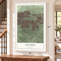 Ontario, California map, 24 x 36 inch print in a white frame by a staircase