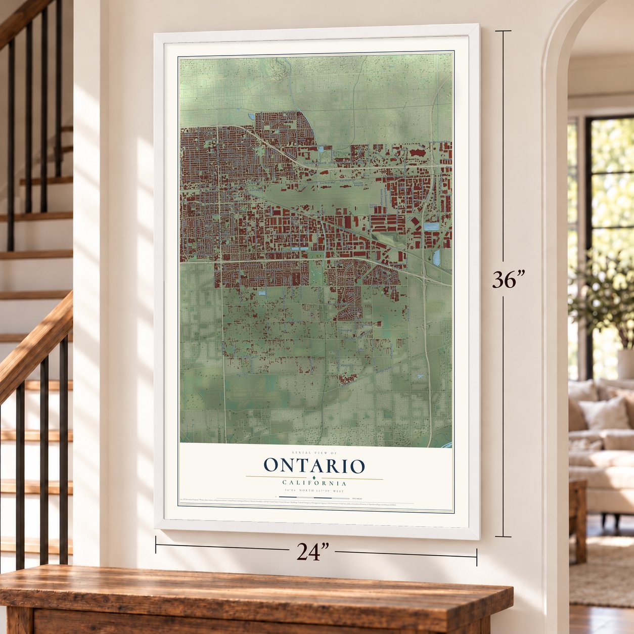 Ontario, California map, 24 x 36 inch print in a white frame by a staircase