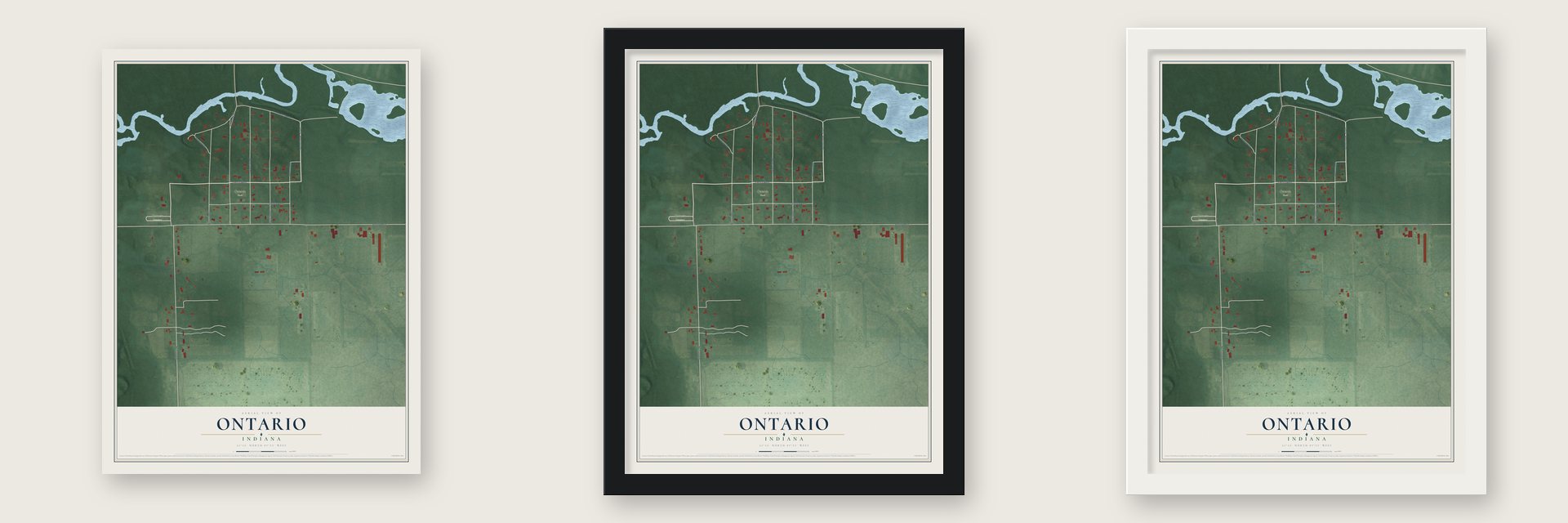 Ontario, Indiana map unframed, in a black wood frame and in a white wood frame