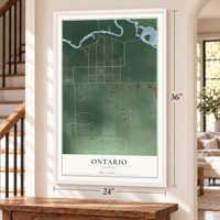Ontario, Indiana map, 24 x 36 inch print in a white frame by a staircase