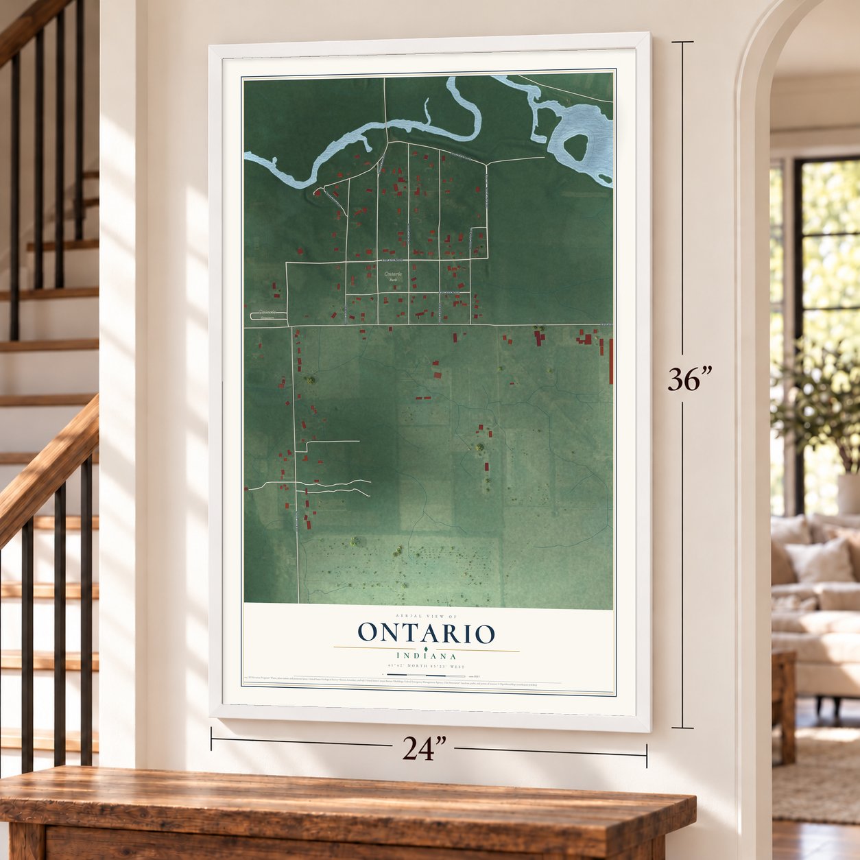 Ontario, Indiana map, 24 x 36 inch print in a white frame by a staircase