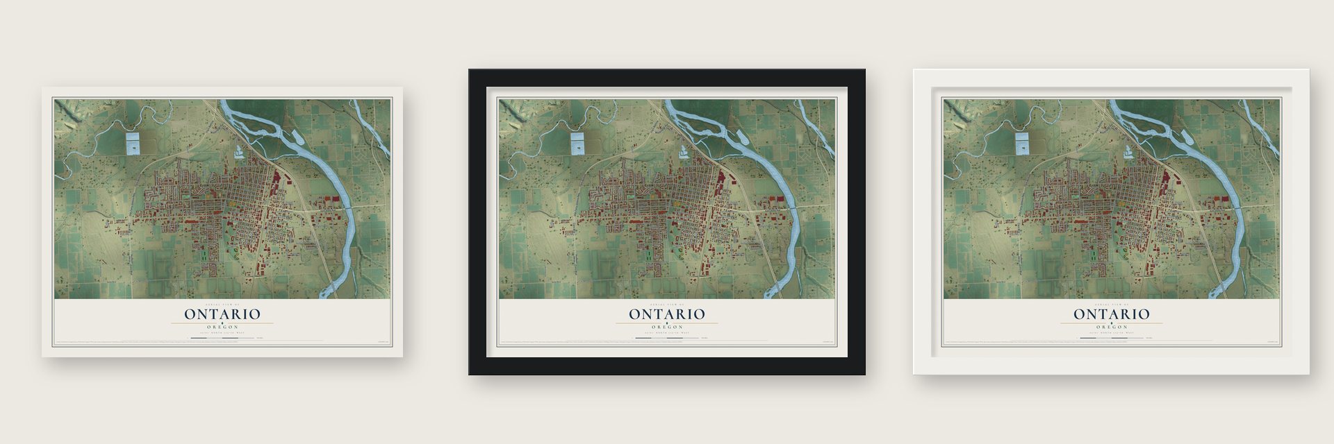 Ontario, Oregon map unframed, in a black wood frame and in a white wood frame