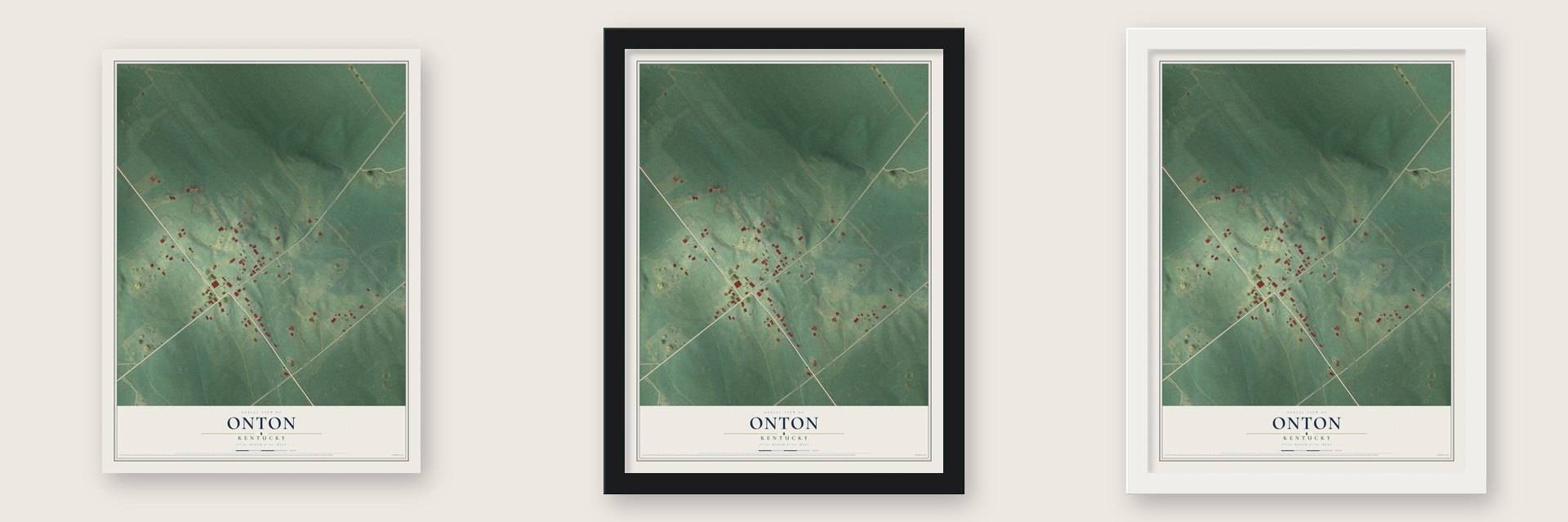 Onton, Kentucky map unframed, in a black wood frame and in a white wood frame
