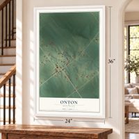 Onton, Kentucky map, 24 x 36 inch print in a white frame by a staircase