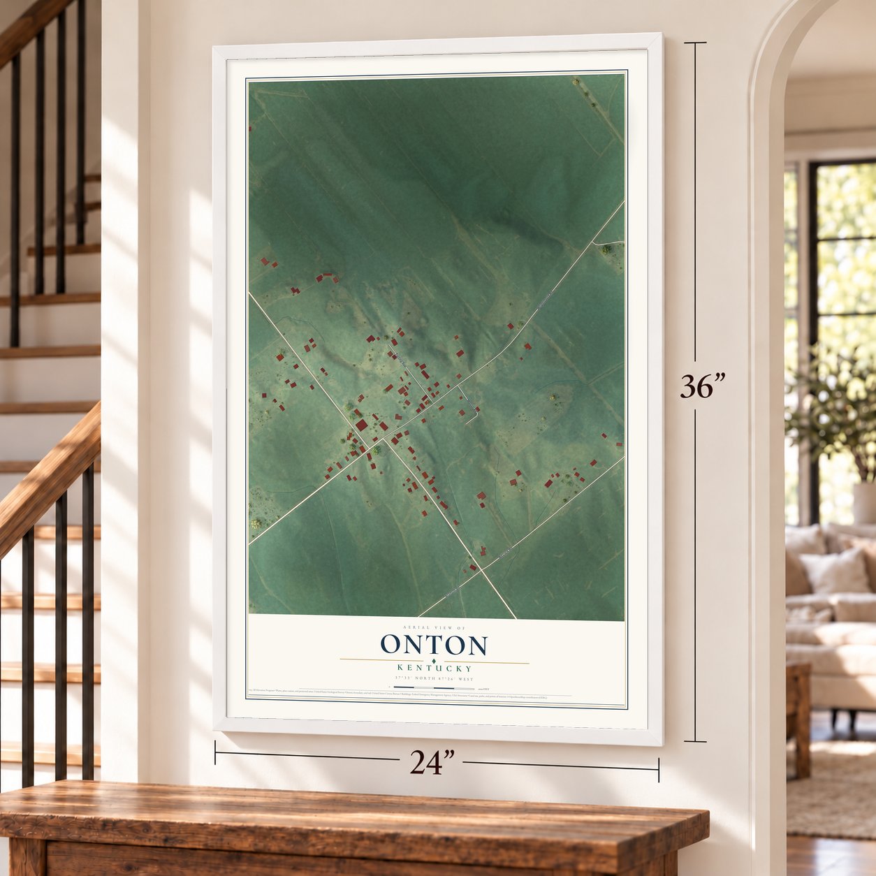 Onton, Kentucky map, 24 x 36 inch print in a white frame by a staircase