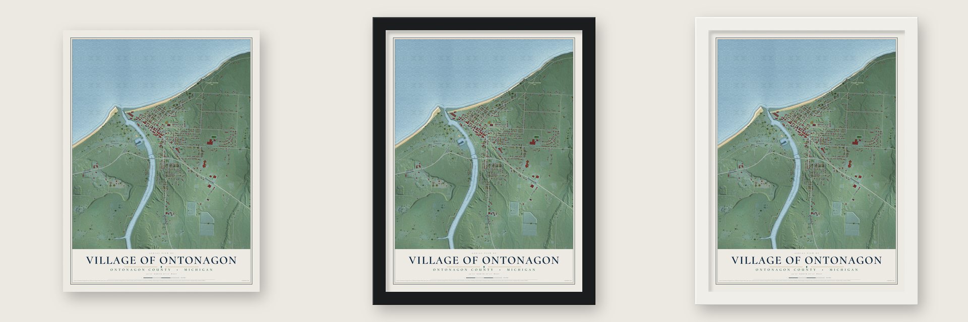 Ontonagon, Michigan map unframed, in a black wood frame and in a white wood frame