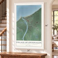 Ontonagon, Michigan map, 24 x 36 inch print in a white frame by a staircase